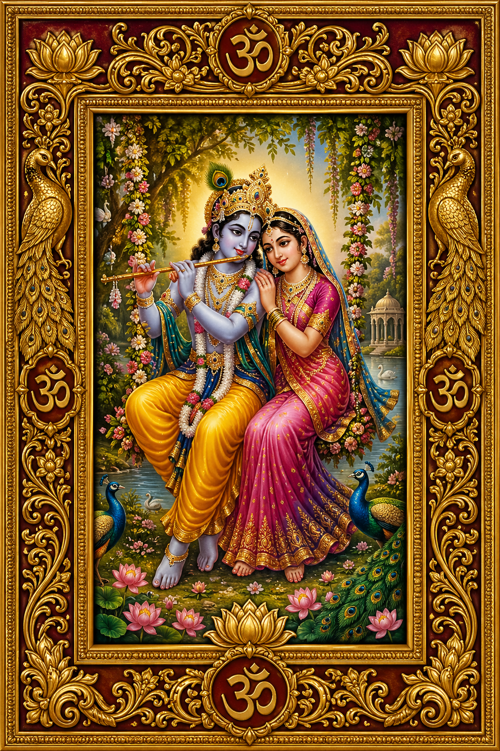 Radha Krishna in ornate golden carved photo frame with peacock and lotus motifs for puja room